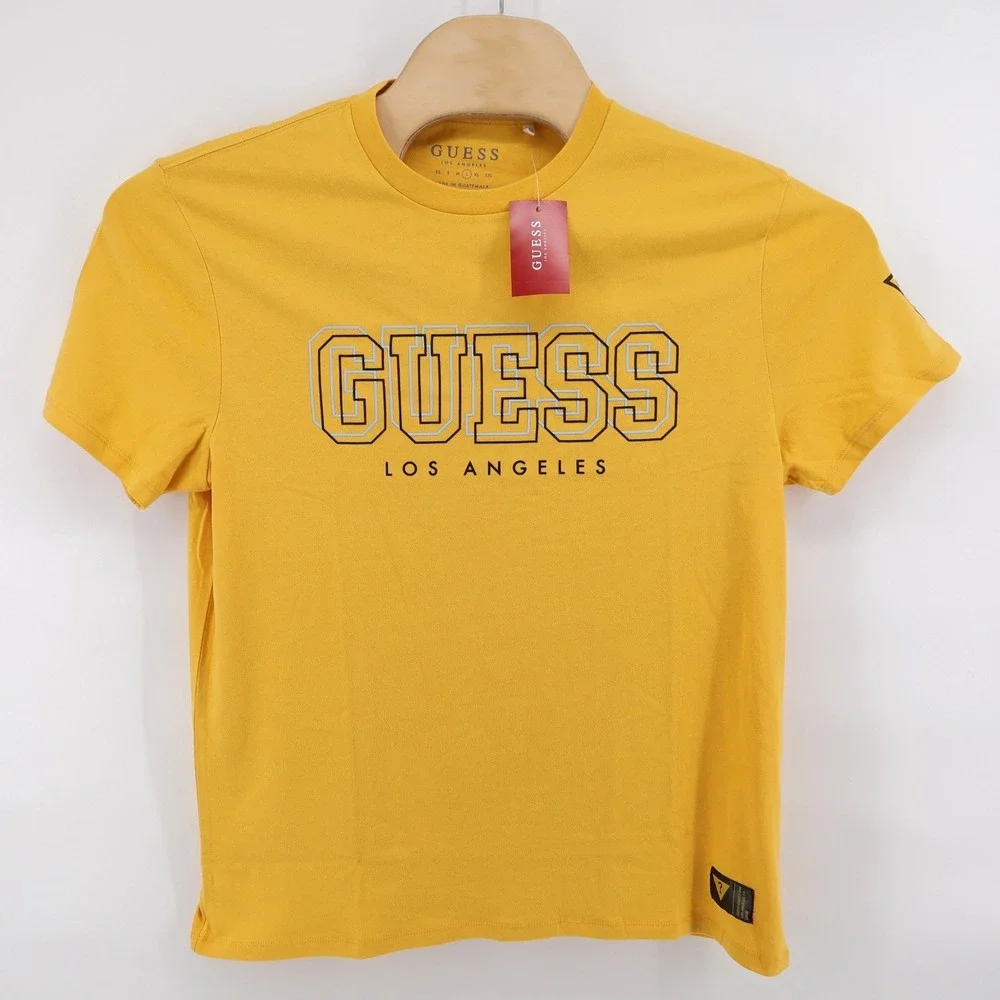NEW GUESS Los Angeles Graphic Logo Crewneck T-Shirt Mellow Sun Yellow Mens Large - Picture 2 of 11